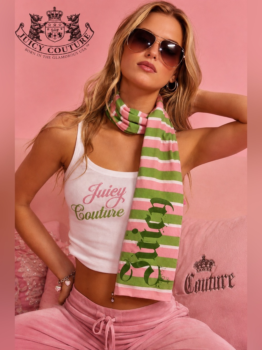 Juicy Couture Pink & Green Striped Logo Scarf